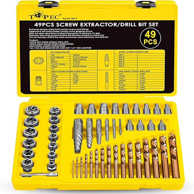 Topec 49pcs Screw Extractor/Drill Bit Set, Professional Remove Set for Removing Broken Studs, Bolts, Socket Screws and Fittings