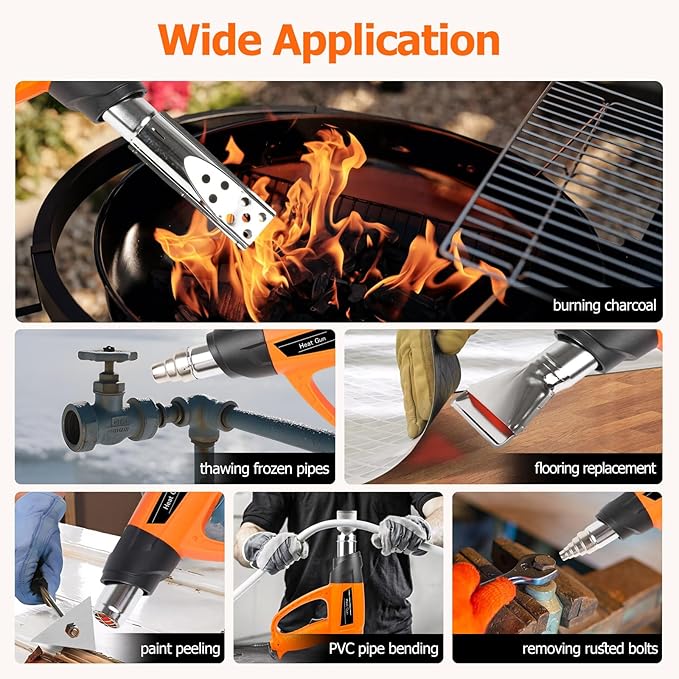 Heat Gun 1800W 140℉~1112℉ (60℃-600℃) Heavy Duty Fast Heating Hot Air Gun Kit Variable Temperature Control with Overheat Protection, 5 Nozzles for Crafts, Shrinking PVC, Stripping Paint, Vinyl Wrap