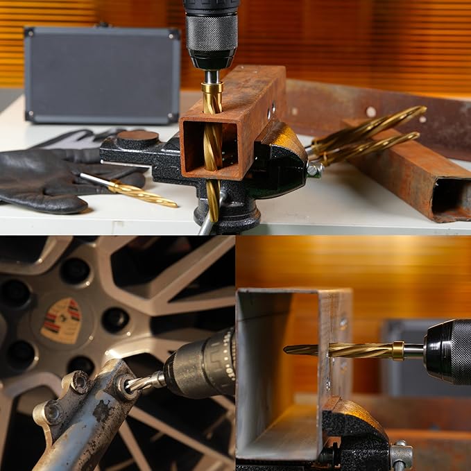 4pcs Bridge/Construction Reamer Set, 3/8", 1/2", 5/8", 3/4”, M2 HSS Taper Chucking Reamer Drill Bit for Steel Alloy Aluminum Metal Wood Plastic, 3/8" or 1/2" Shank, to Enlarge/Align Holes