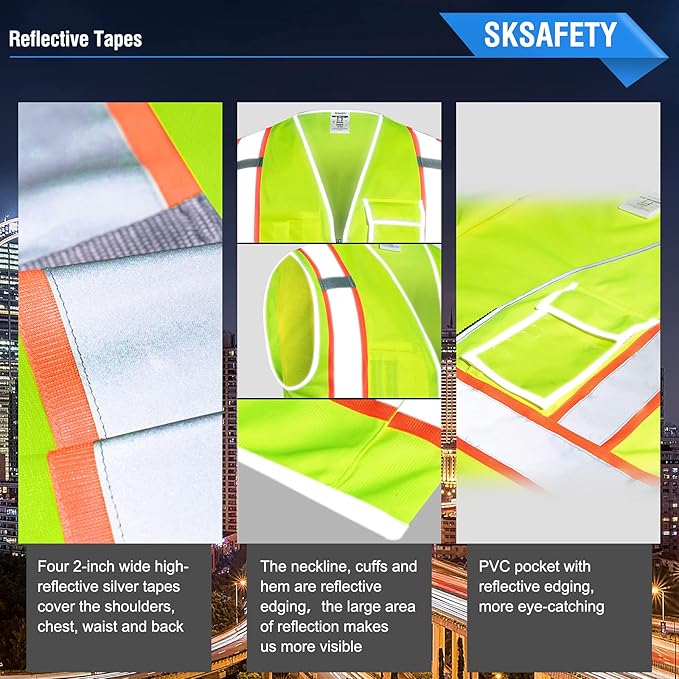 SKSAFETY 10 Pockets Safety Vest, Class 2 High Visibility Security with Zipper, Hi Vis Vest with Reflective Strips, ANSI/ISEA Standard, Construction Work Vest for Men ＆ Women （Lime, 4XL）