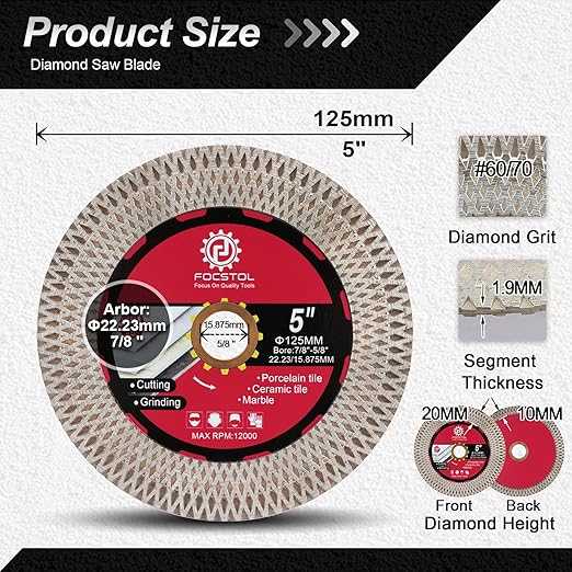 Diamond Tile Saw Blade - 5''(125mm) Cutting & Grinding Disc Wheel for Porcelain Ceramic Tile Marble Granite Artificial Stone with X Mesh Rim for Angle Grinder
