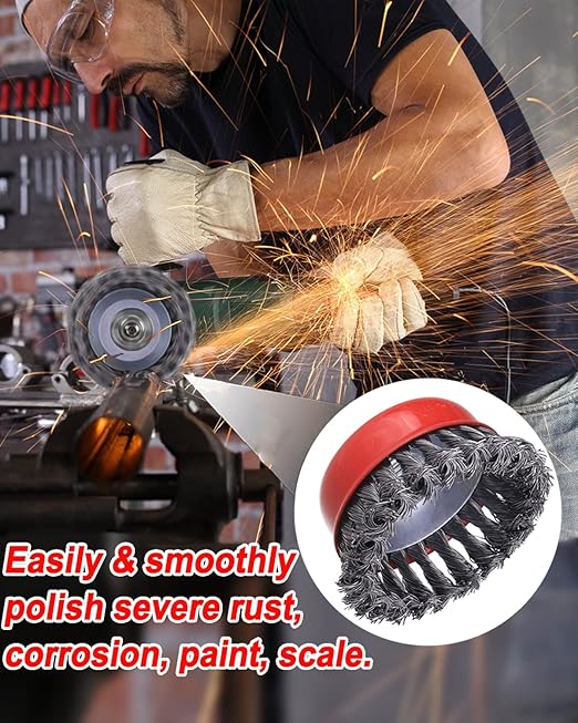 4" Wire Wheel Cup Brush, Coarse Twisted Knotted Wire Wheel for Angle Grinder, 5/8 Inch-11 Threaded Arbor, 0.020" Carbon Steel Wire Brush for Grinder, Heavy Cleaning Rust, Abrasive. (2)
