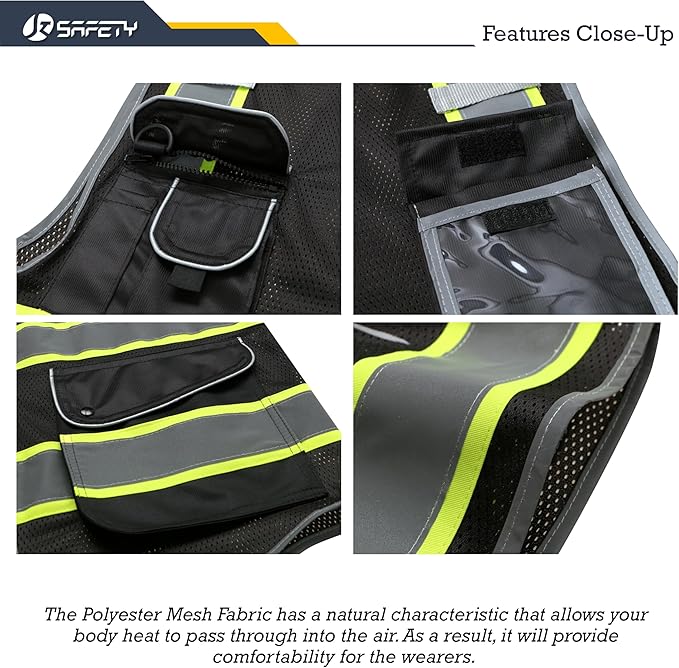 JKSafety 9 Pockets Hi-Vis Black Color Zipper Front MESH Safety Vest with Fluorescent Yellow Extend Edge outlining the Reflective Tapes Meet ANSI/ISEA Class 1 Standard (100-Black, 4XL)