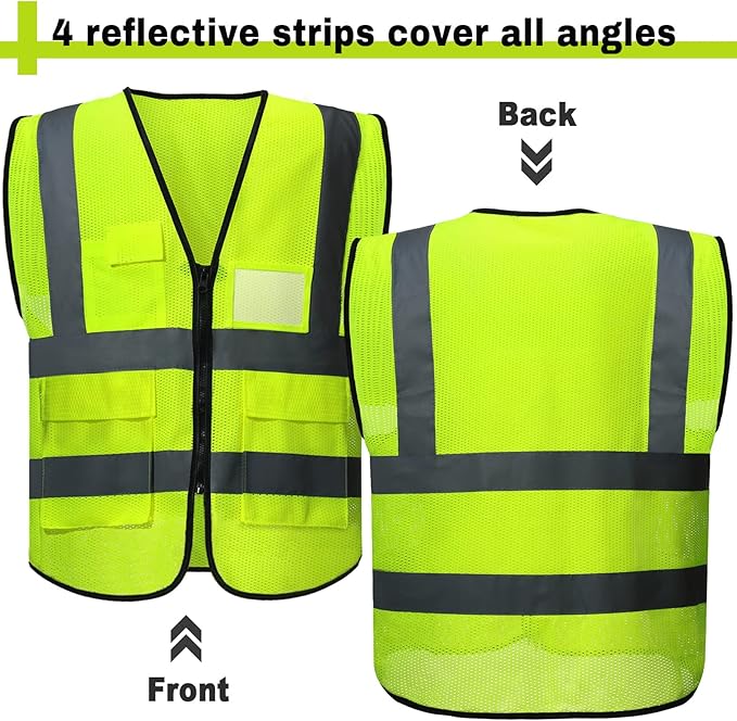 JaGely 6 Pack Reflective Safety Vests with Pockets, High Visibility Mesh Construction Vest for Men Women, Neon Yellow, Size L