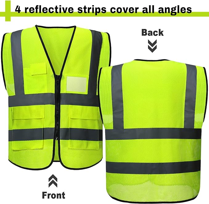 JaGely 12 Pack Reflective Safety Vests with Pockets, High Visibility Mesh Construction Vest for Men Women, Neon Yellow, Size L