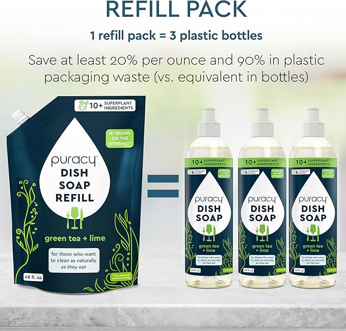Puracy Natural Dish Soap - Skin-Softening Plant-Based Dishwashing Soap, Non-Toxic Dish Soap, Organic Liquid Dishwashing Detergent Soap (Green Tea & Lime, 16 fl oz)