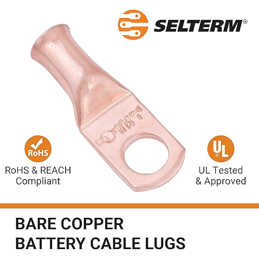 SELTERM 25pcs 8 AWG 1/4" Stud Battery Lugs, Ring Terminals, Heavy Duty Copper Wire Lugs, Battery Cable Ends, 8 Gauge Ring Terminal Connectors, UL Bare Copper Eyelets Electrical Battery Cable Lugs