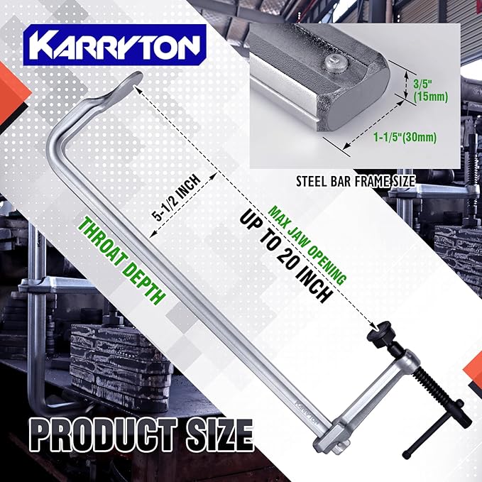 Heavy Duty 20" Inch F-Clamp w/Replaceable Pad, 5-1/2-Inch(140mm) Deep Throat, Bar Size 1-1/5" * 3/5" Drop Forged Steel Bar Clamps, 2900LB Clamping Force