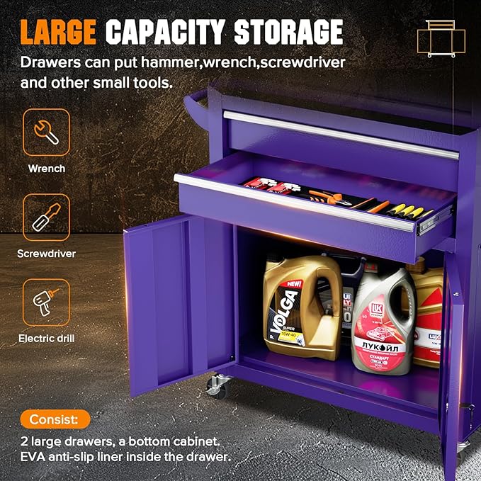 Crownland 8-Drawer Rolling Tool Chest with Wheels, Lockable 2 in 1 Detachable Tool Cabinet wit Drawers and Black Liners, Garage Top Toolbox & Bottom Storage Cart with Side Hooks(Purple)
