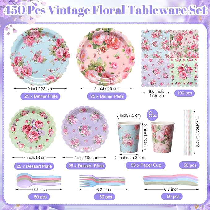 450 Pcs Vintage Floral Tableware Set Tea Party Decorations Floral Paper Plates - Image 2