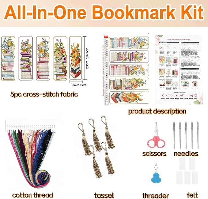 5PC Book Flowers Counted Cross Stitch Bookmark Kit - Image 3