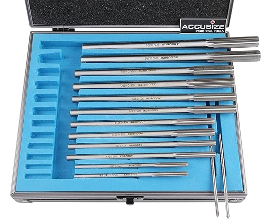 Accusize Industrial Tools Over and Under Sizes 0.1240'' Thru 0.5010'' HSS M2 Premium Chucking Reamer Set, Right Hand Cut, 14pcs/Set, 5528-SX00