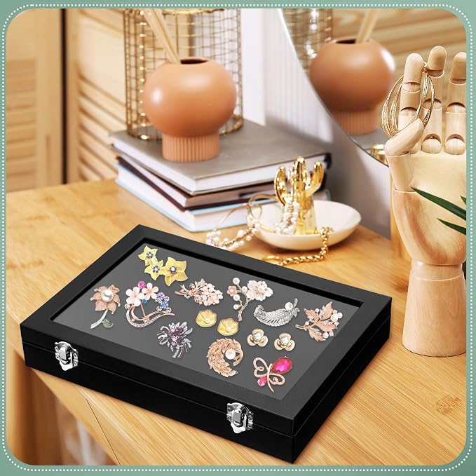 Huquary 3 Pcs Wooden Jewelry Box Glass Top Display Cases - Image 6