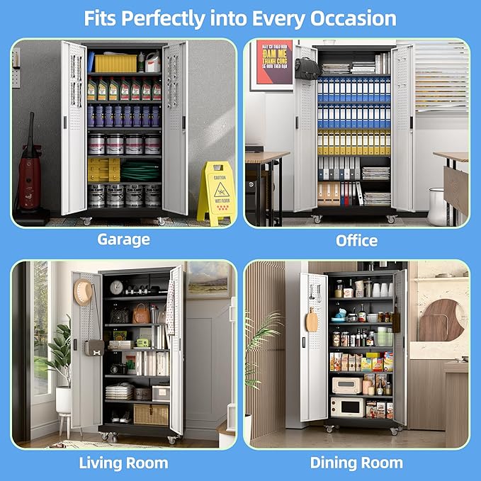 Aobabo Upgrade 71H''*32''W*16''D Metal Garage Storage Cabinet with Wheels and Pegboards, 5 Adjustable Shelves Steel Storage Cabinets for Home,Warehouse,Garage,Assembly Required,Black and Sliver