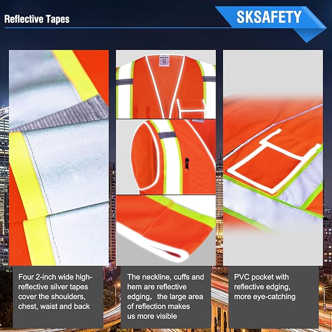 SKSAFETY 10 Pockets Safety Vest, Class 2 High Visibility Security with Zipper Back Mesh, Hi Vis Vest with Reflective Strips, ANSI/ISEA Standard, Construction Work Vest for Men ＆ Women （Orange, XL）
