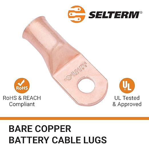 SELTERM 25pcs 2/0 AWG 5/16" Stud Battery Lugs, Ring Terminals, Heavy Duty Copper Wire Lugs, Battery Cable Ends, 00 Gaug Ring Terminal Connectors, UL Bare Copper Eyelets Electrical Battery Cable Lugs