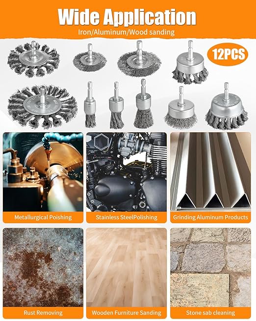 12 Pcs Drill Wire Brush Attachments Set, Heavy Duty Wire Brush Wheel for Drill, 1/4" Hex Shank Coarse Carbon Steel Crimped, Ideal for Cleaning Rust, Paint, Abrasive