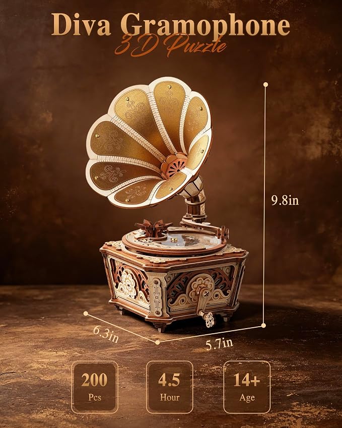 ROKR 3D Wooden Puzzles for Adults, Diva Phonograph Music Box Mechanical Model - Image 5