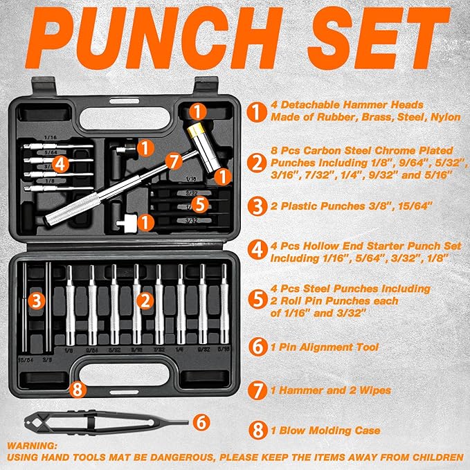 BESTNULE Punch Set, Punch Tools, Roll Pin Punch Set, Made of Solid Material Including Steel Punch and Hammer, Ideal for Machinery Maintenance with Organizer Storage Container (Without Bench Block)