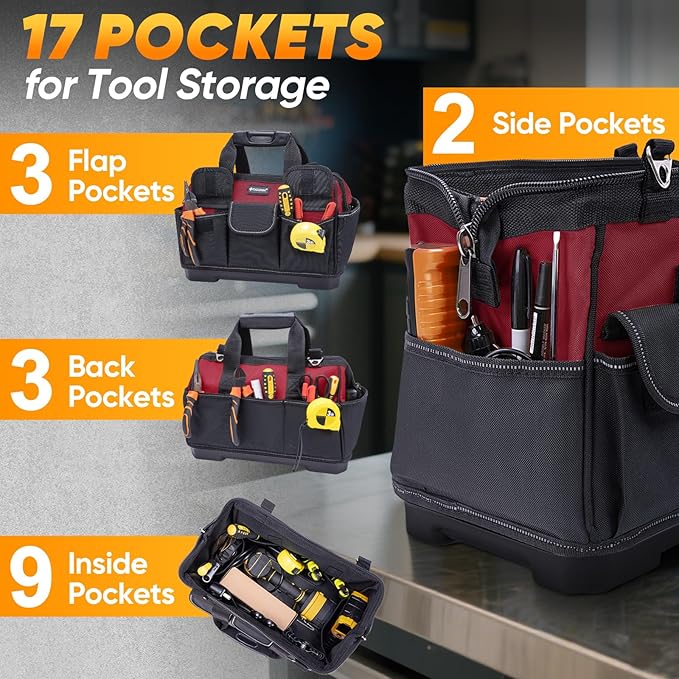 TICONN Heavy Duty Tool Bag with Multi-Pockets, Portable Tool Box Organizer Storage Bag, with Adjustable Shoulder Strap and Ergonomic Handle (Red, 16" Molded Base)