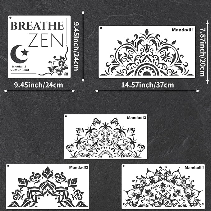 YKW 5 Pack Mandala Stencils for Painting, Large Half Mandala & Breathe Zen - Image 2