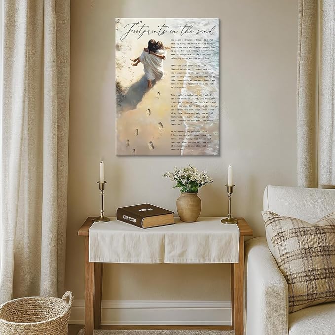 Jesus Holding Woman Wall Art Footprints in the Sand Painting Picture Wall Decor - Image 8