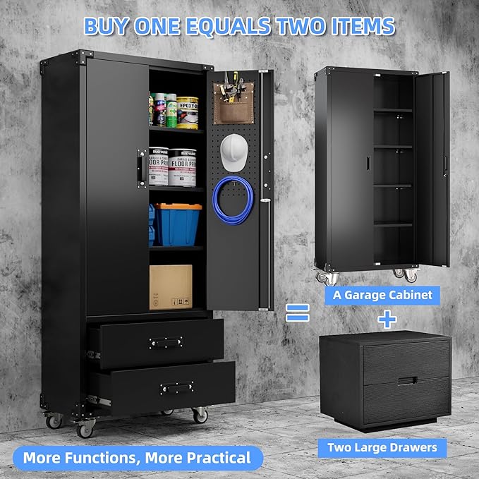 71.2" H Metal Garage Storage Cabinet with Wheels, Tool Storage Cabinets with 2 Lockable Doors and 2 Drawers for Garage Office School Home Warehouse Utility Room, Assembly Required,Black