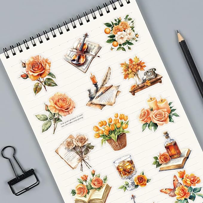 50 PCS Vintage Orange Rose Floral Scrapbook Stickers, Resin Crafts, Retro - Image 3