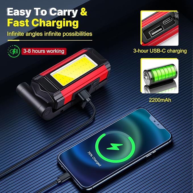 Rechargeable LED Work Light Magnetic Flashlight Portable 7 Flashlight Mode With Magnetizable Base Rotatable Stand 360° Infinitely Rotatable Type-C Charging for Camping,Car Reparing,Emergency Pack of 2