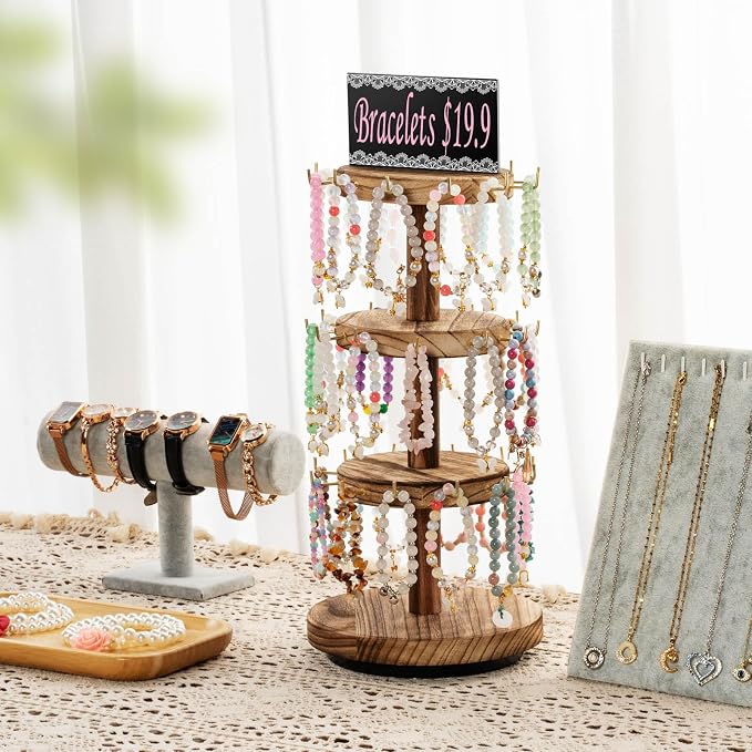 Pinzoveco Bracelet Holder, 3 Tier Wooden Rotating Bracelet Display Stand - Image 7