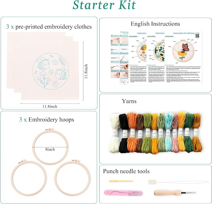 3Sets Punch Needle Kit for Adults Beginners, Bee & Butterfly Flowers Embroidery - Image 2