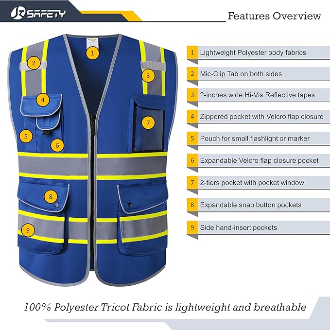 JKSafety 9 Pockets Hi-Vis Safety Vest High Visibility Reflecitive Safety Vests for Men and Women Work Utility PPE Work Gear ANSI/ISEA compliant (902-Blue 5XL)