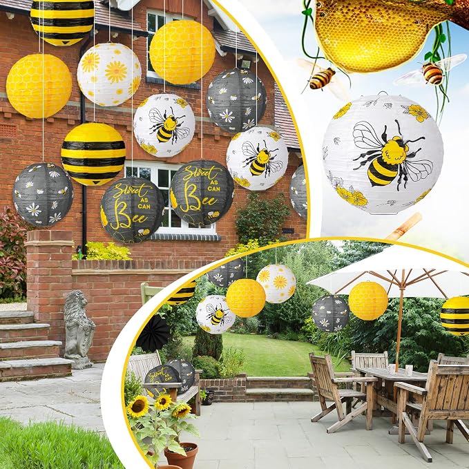 Panelee 12 Pcs Bee Party Decorations Paper Lanterns 8 Inch Hanging Round - Image 6