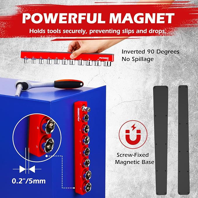 2-Piece 1/2"-Drive Metric Magnetic Socket Organizer Set (Holds 19 Sockets) - Detachable Tool Tray with 5mm Magnetic Base, Screw-Fixed Design & Heavy-Duty Modular Storage for Garage/Home Workshop