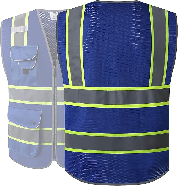 JKSafety 9 Pockets High Visibility Zipper Front MESH Blue Safety Vest | Blue with Dual Tone High Reflective Strips | ANSI/ISEA Standards (100-Blue, M)