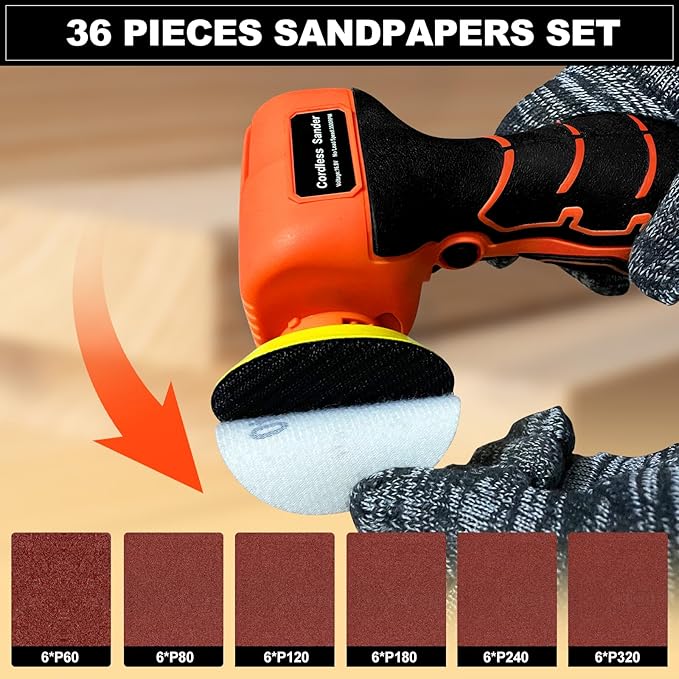16.8V Cordless Electric Sander with 36PCS Sandpapers, 3500 RPM, 2Pcs 3.0Ah Batteries, Lightweight & Compact Design for Wood, Metal, Paint Removal, and DIY Projects