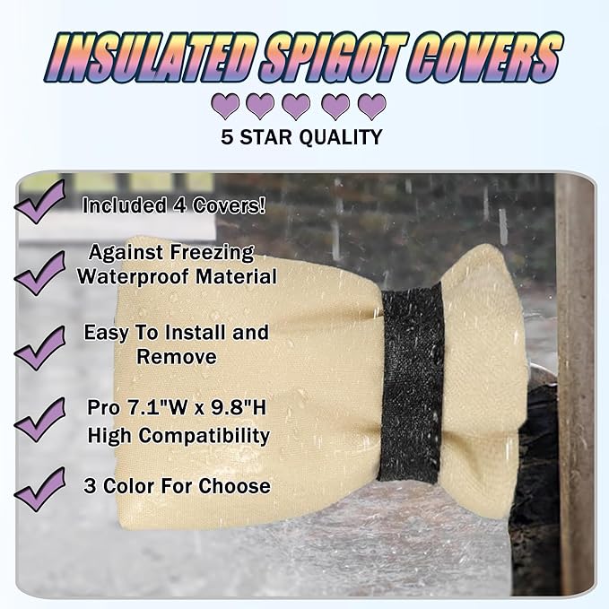 Outdoor Faucet Cover for Winter - Pro 7.1"W x 9.8"H - 4 PACK Outdoor Water Faucet Cover Socks for Winter Freeze Protection Pipe Insulation Reusable Waterproof Insulated Spigot backflow Cover - Beige