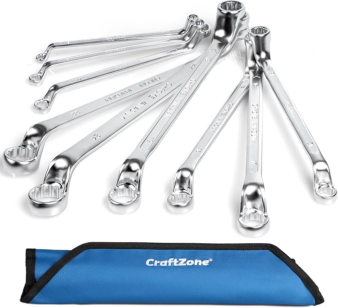 9pcs Double Offset Box End Wrenches Set, Metric Ratcheting Wrench Set, CR-V Steel with Rolling Pouch