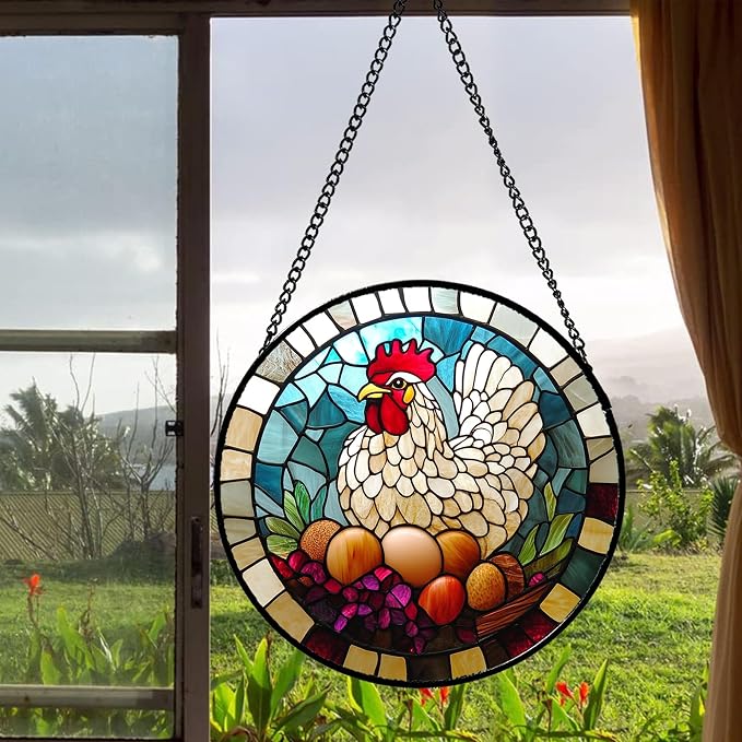 DASTOLL Stained Glass Window Hanging White Chicken Hatching Eggs 7.8" - Image 4