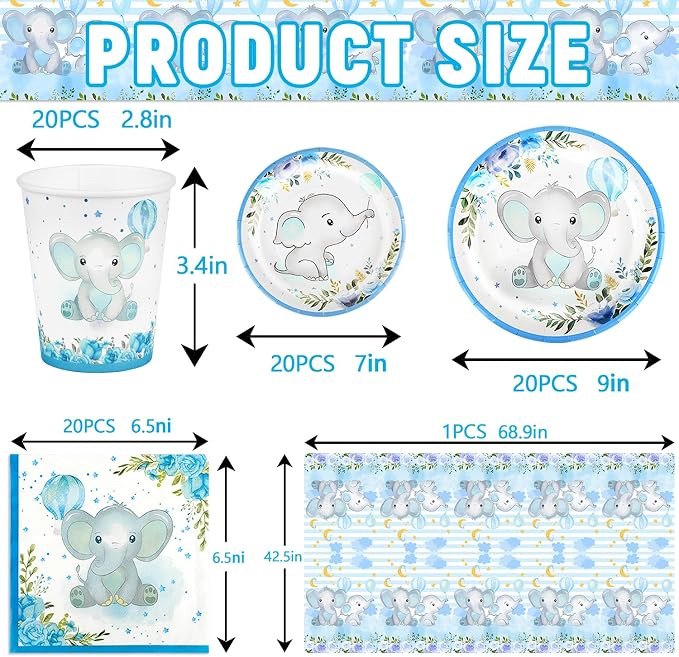 81 PCS Elephant Party Tableware Supplies, Disposable Blue Plates Cups Napkins - Image 2