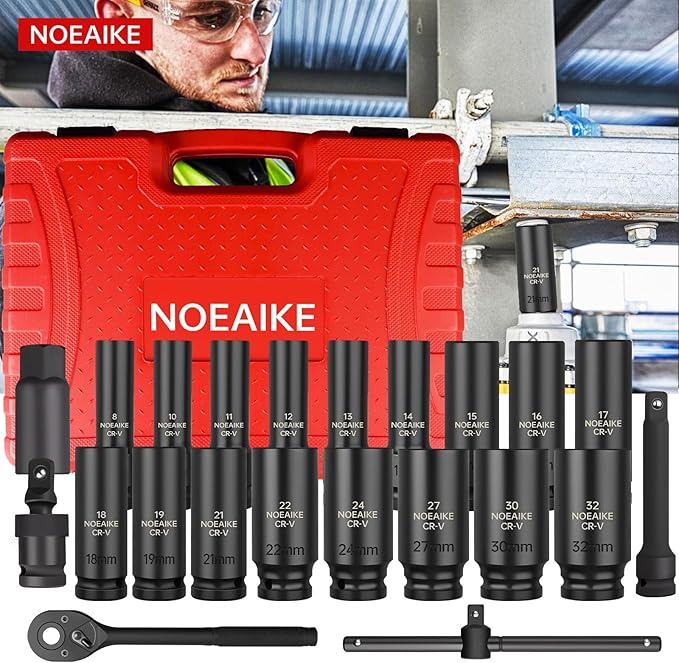Socket Set,22 Pcs 1/2-Inch Drive Metric Deep Impact Socket Set,Cr-V Steel Sockets Size 8mm-32mm 6-Point,Includes Extension Bar,Universal Joint,1/2”Spark Plug Socket and Ratchet Handle