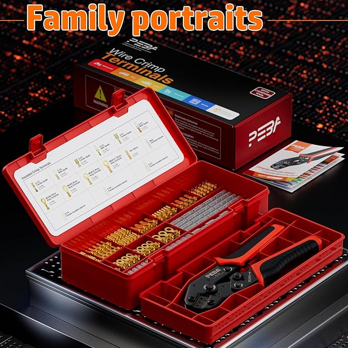 PEBA Open Terminal Connector Crimping Tool Kit, 10 Types Quick Splice Wire Spade Connector, Crimper AWG 24-14 for 2.8mm 3.5mm 3.9mm 4.8mm 6.3mm Pin Terminals, Use on Molex 2.13mm 2.36mm, AMP-TE