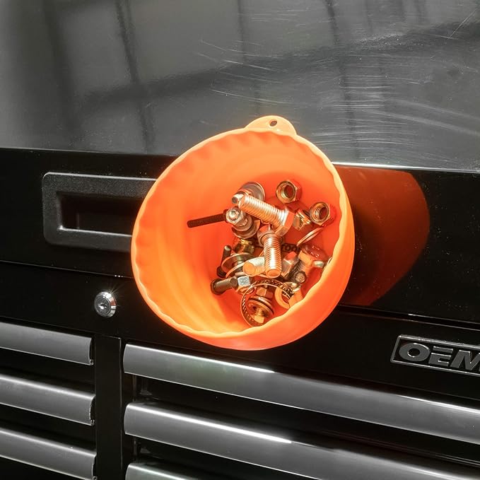 OEMTOOLS 25332 Orange Magnetic Nut Cup, Curved Magnetic Parts Tray Holds Up to 5 Pounds, Attaches To Metal Surfaces, Multi-Use Nuts And Bolts Organizer Made From Durable ABS Plastic