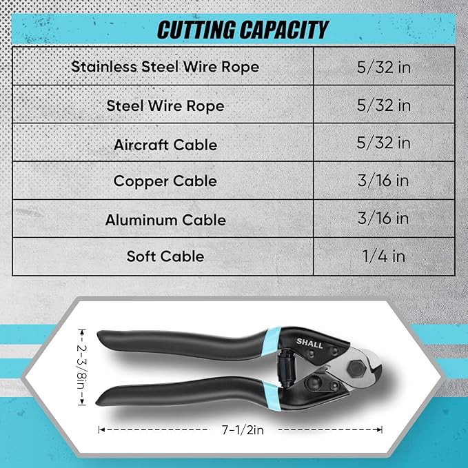 SHALL Cable Cutter, 7-1/2 inch Wire Rope Cutter Heavy Duty for Cuttng Up to 5/32", Chrome Vanadium Steel Jaw for Hard Wire Ropes, Steel Wires, Aircraft Cables, Railing, Metal Fence, Bike Bicycle Brake