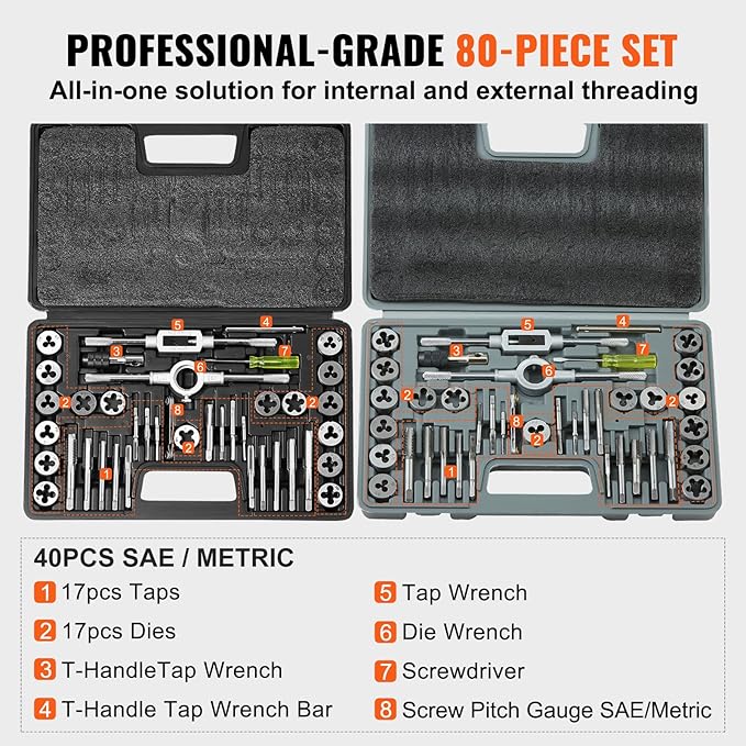 VEVOR Tap and Die Set, 80-Piece Metric and SAE Standard, Bearing Steel Taps and Dies, Essential Threading Tool for Cutting External Internal Threads, with Complete Accessories and Storage Case
