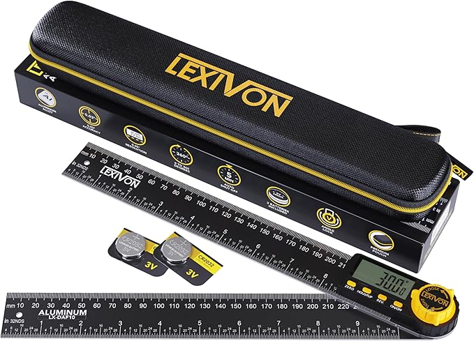 LEXIVON Aluminum Digital Angle Finder Gauge, 10-inch/250mm Multi-Purpose Protractor, Includes XL Display and Rugged Zippered Pouch (LX-DAF10)