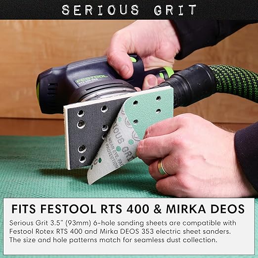 3" x 5" (80mm x 133mm) 14-Hole 150 Grit Sanding Sheets - Fits Festool RTS 400 & Mirka Deos 353 - Heavy-Duty Hook & Loop Film Abrasives - Sandpaper for Sheet Sanders - 50 Pack Box