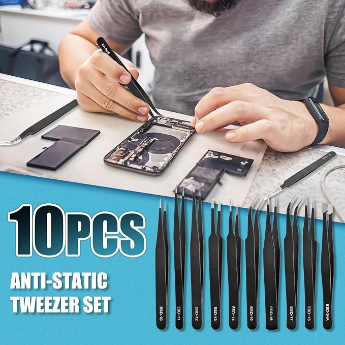 10Pcs Precision Tweezers Set, Upgraded Anti-Static Stainless Steel Tweezers - Image 7