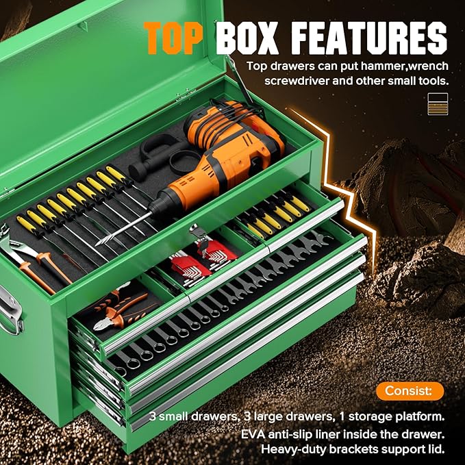 Crownland 8-Drawer Rolling Tool Chest with Wheels, Lockable 2 in 1 Detachable Tool Cabinet wit Drawers and Black Liners, Garage Top Toolbox & Bottom Storage Cart with Side Hooks(Green)