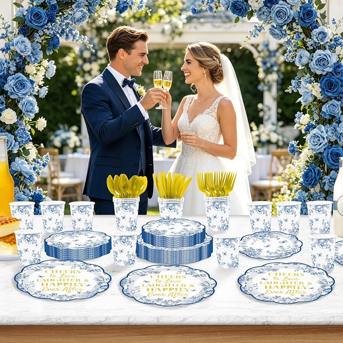 168Pcs Blue Floral Plates Blue Toile Scalloped Plates and Napkins Serves 24 | - Image 5